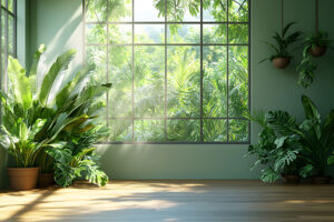 Bring the outdoors into your home. Lush indoor plants bask in sunlight streaming through a large window, creating a serene and vibrant atmosphere. wooden floors enhance the natural setting, offering an inviting space for relaxation and interior design inspiration.